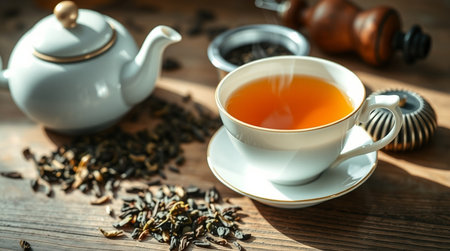 Cup of tea and teapot on wooden table, closeupの写真素材