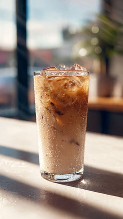 Iced coffee in a glass on a table in a cafe.