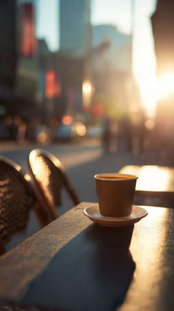 Coffee cup on the table in the city at sunset.の写真素材