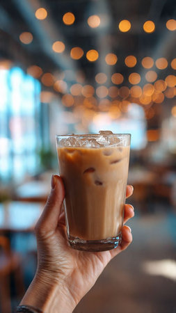 Iced coffee in a glass on the background of a blurred cafeの写真素材