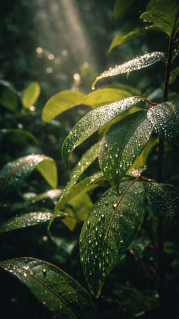 Morning dew on the leaves of a tea bush in the forestの写真素材