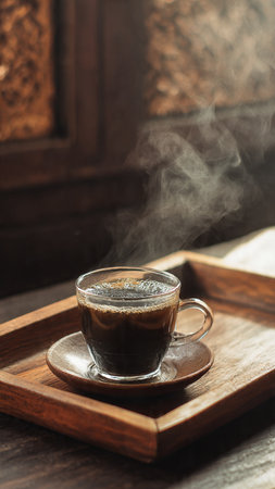 Coffee cup on wooden tray in coffee shop, stock photoの写真素材