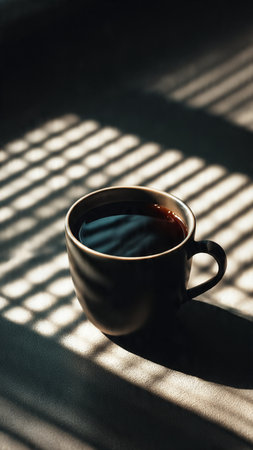 Coffee cup on the table with sunlight and shadow from windowの写真素材