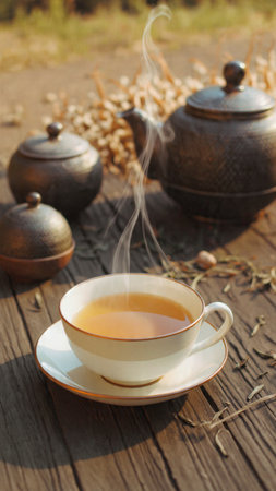 Cup of tea and teapot on a wooden table.の写真素材