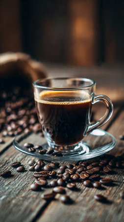 Coffee cup and coffee beans on a dark wooden background.の写真素材
