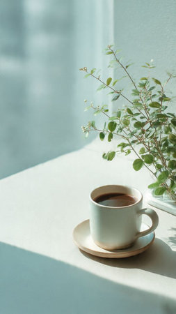 Coffee cup on the table in morning light, stock photoの写真素材