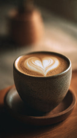 Coffee cup with heart shape latte art on wooden table