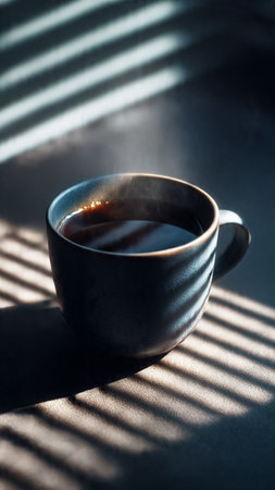 Coffee cup in morning sunlight with shadow and sunbeamsの写真素材