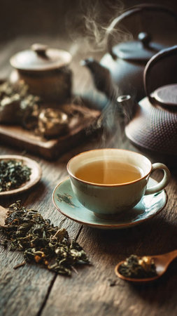 Cup of green tea with teapot and teacupの写真素材