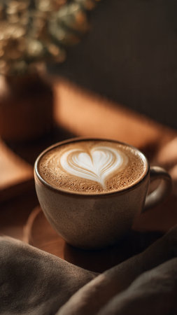 Cup of cappuccino with heart shape in coffee shop