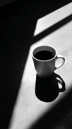Cup of coffee with shadow on the wall. Black and whiteの写真素材