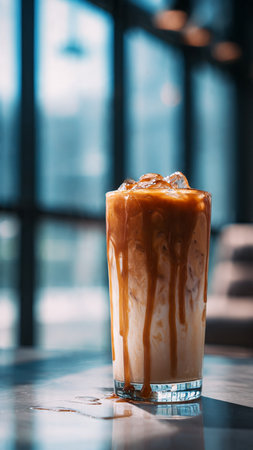 Iced caramel coffee in cafe - vintage effect style pictures. Selective focusの写真素材