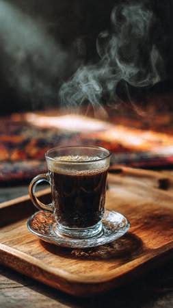 Coffee cup with steam on a wooden tray on a dark backgroundの写真素材