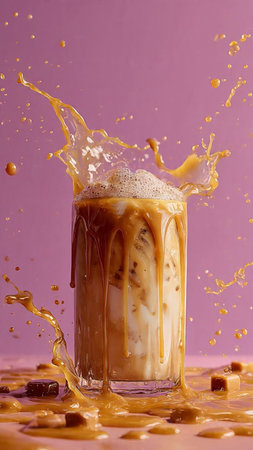 Iced coffee splashing out of a glass with ice cubes on purple backgroundの写真素材