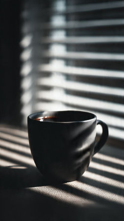 Black cup of coffee on the windowsill with blinds and shadowsの写真素材
