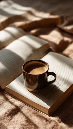 Cup of coffee and book on bed in morning light, close upの写真素材