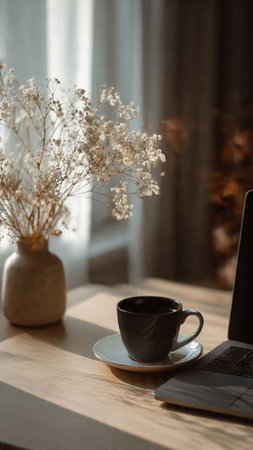 Coffee cup and laptop on wooden table in front of windowの写真素材