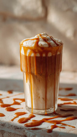 Iced caramel coffee with whipped cream and caramel syrup in a glassの写真素材