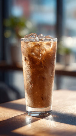 Iced coffee in a glass on a wooden table in a cafeの写真素材