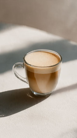 Coffee in a glass cup on a light background with sunlightの写真素材