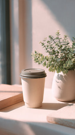 coffee cup with green plant on table in coffee shop, stock photoの写真素材