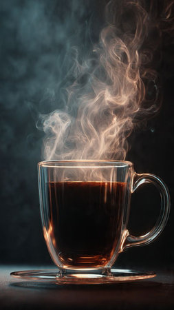 Cup of coffee with steam on dark background. Copy space.の写真素材