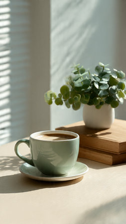 Cup of coffee with eucalyptus branch on windowsillの写真素材