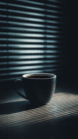 Cup of coffee on a dark background with blinds. Toned.の写真素材
