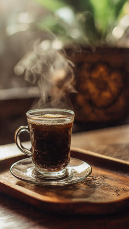 Cup of coffee with steam on wooden tray in coffee shop.の写真素材
