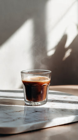 Coffee in a glass cup on a marble table with sunlight.の写真素材