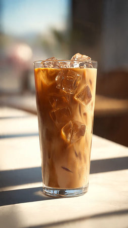 Iced coffee in a tall glass on the table in a cafe