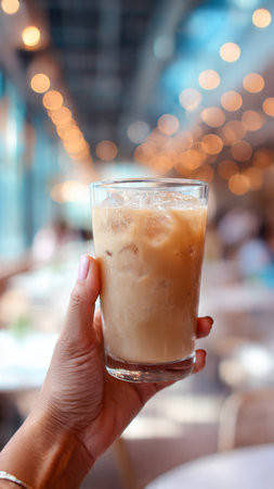 Iced coffee in glass with bokeh background, stock photoの写真素材