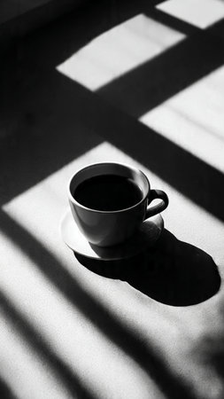 Coffee cup in the morning light with shadow. Black and white.の写真素材