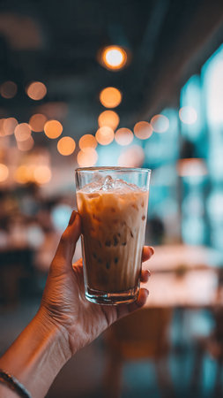 Woman hand holding iced latte coffee in cafe, stock photoの写真素材