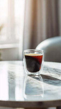 Coffee in glass cup on table in coffee shop, stock photoの写真素材