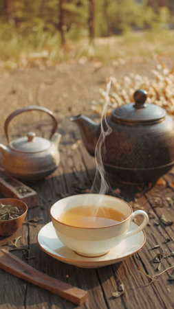 Cup of tea and teapot on a wooden table in the forestの写真素材