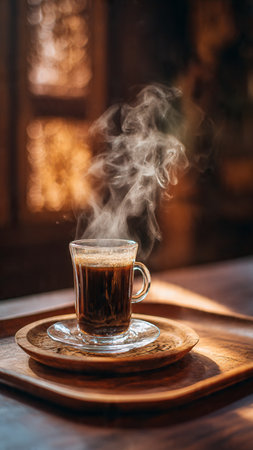 Coffee in a glass cup on a wooden tray with smokeの写真素材