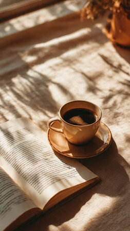 Cup of coffee and book on table in sunlight. Morning conceptの写真素材