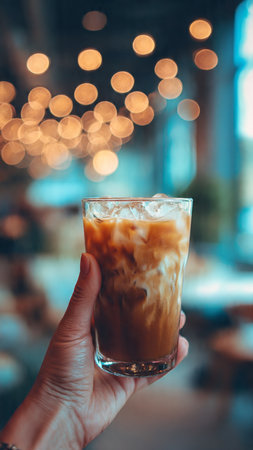 Iced coffee with milk in a glass on the background of bokehの写真素材