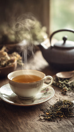 Tea cup and teapot on old wooden table, stock photoの写真素材