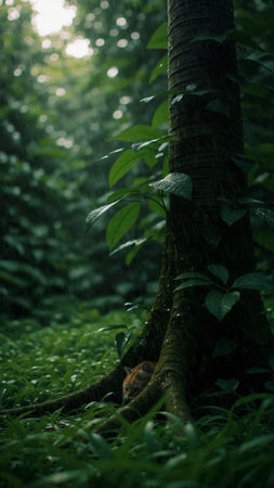 Cute squirrel hiding under a tree in a rain forest in summer
