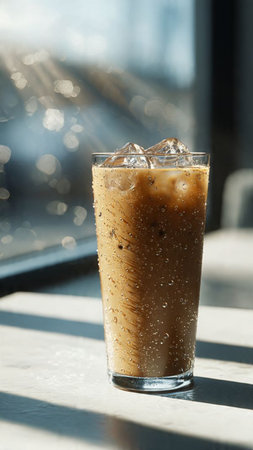 Iced coffee in a tall glass with ice cubes on the tableの写真素材