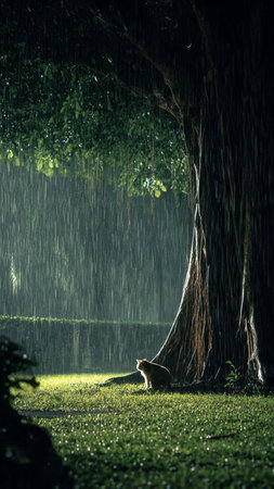 Cute little monkey sitting under the big tree in rainy day.の写真素材