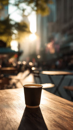 Coffee cup on wooden table in coffee shop, stock photoの写真素材