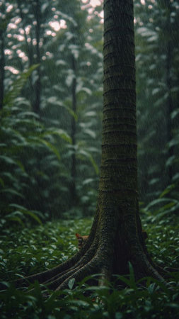 Tropical rain forest with trees and leaves in the rain.の写真素材