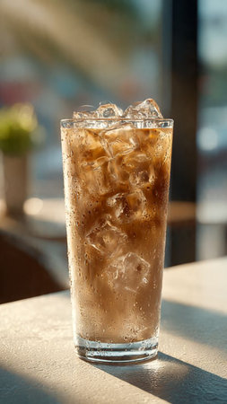Iced cola with ice cubes in glass on table in cafe