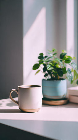 Coffee cup and green plant on windowsill in morning light.の写真素材