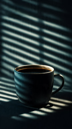 Cup of coffee with shadow from the window. Selective focus.の写真素材