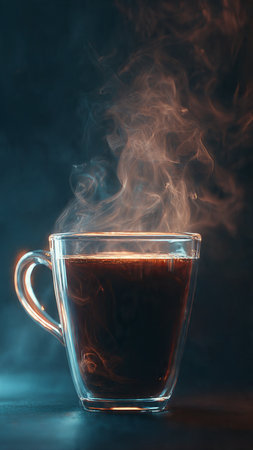 Cup of coffee with steam on a dark background. Copy space.の写真素材