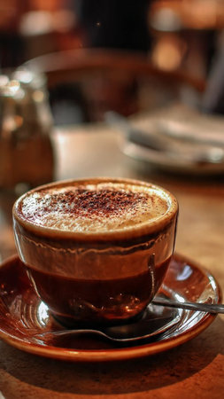 Coffee cup on a table in a cafe, stock photoの写真素材